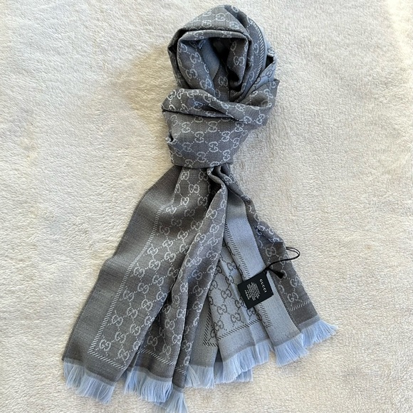 NWT Authentic Gucci GG Tricot Wool Bicolor Scarf Multi Charcoal Gray Unisex - Picture 4 of 11